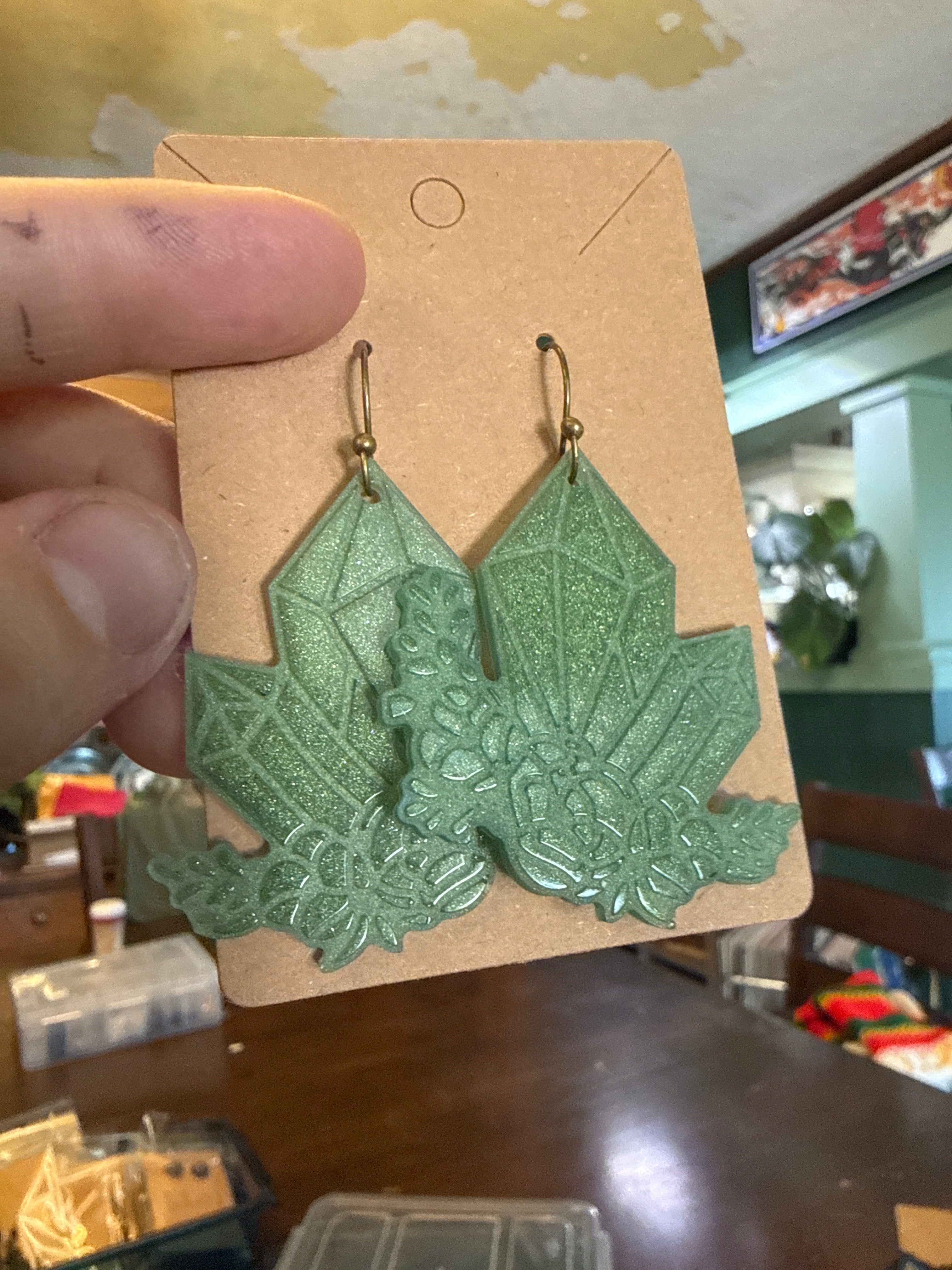 Handmade Green Metallic Crystal and Rose Resin Earrings