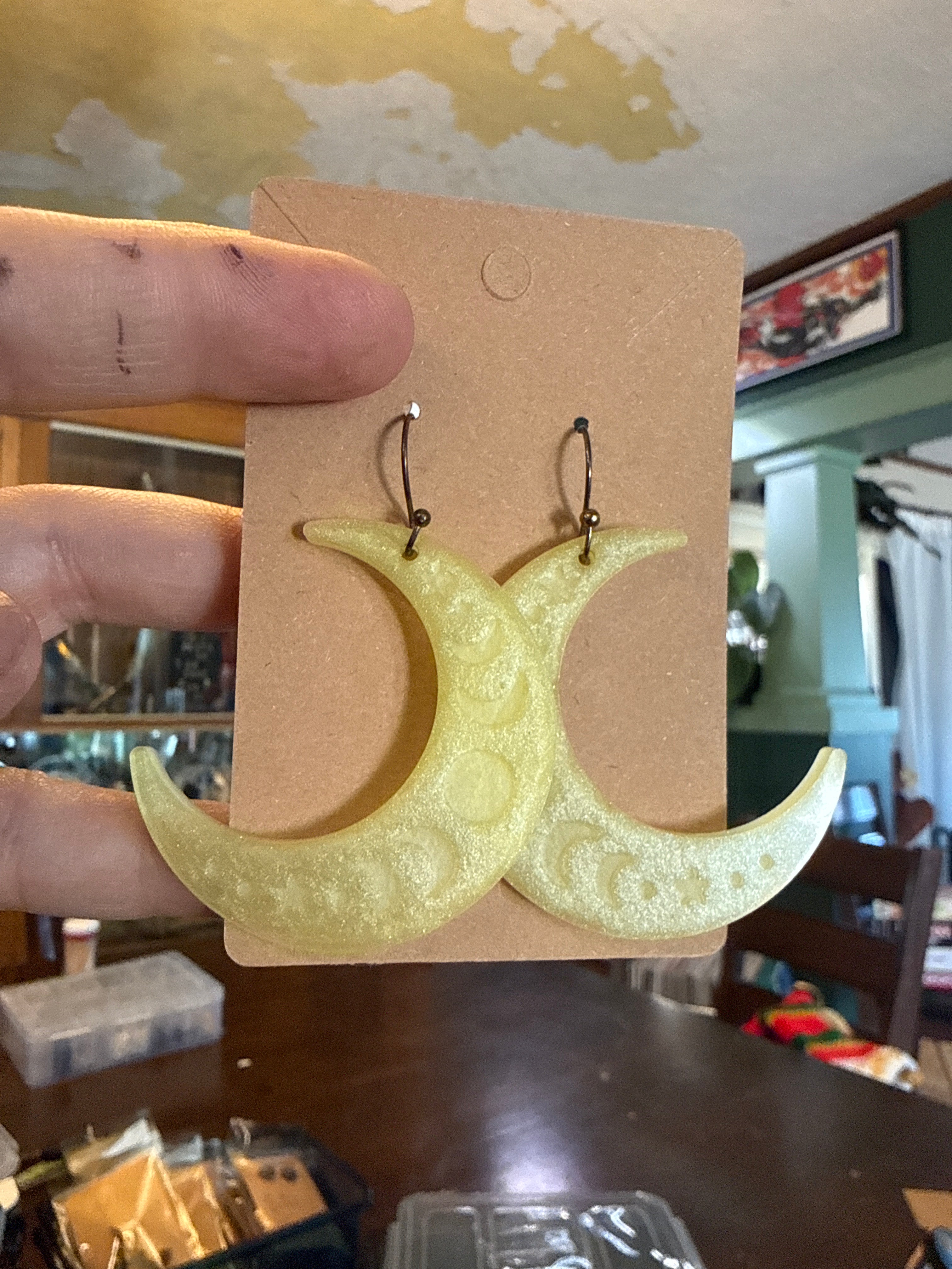 Handmade Metallic Yellow Dangling Moon Earrings