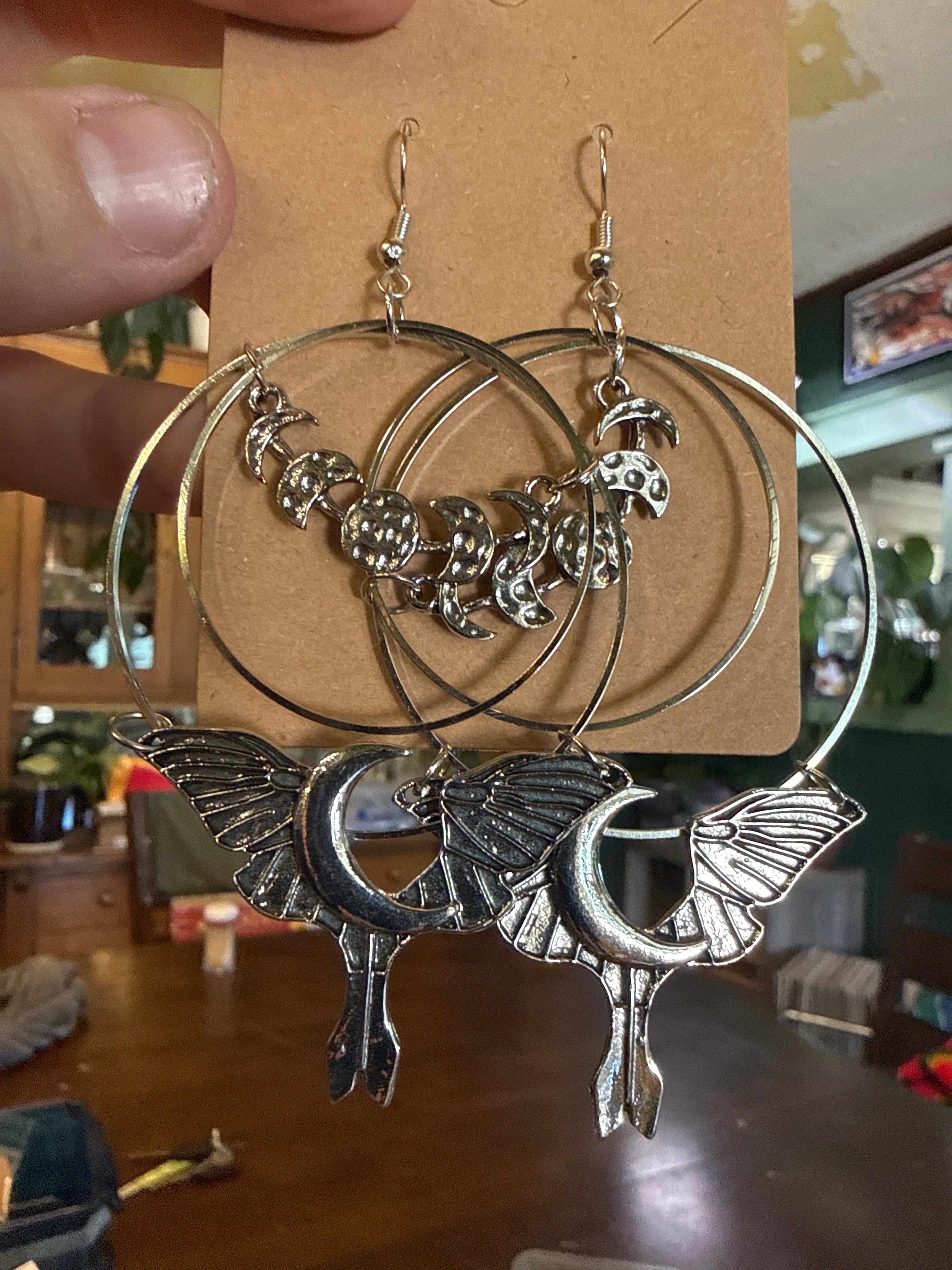 Moth and Moon Dangling Hoop Earrings