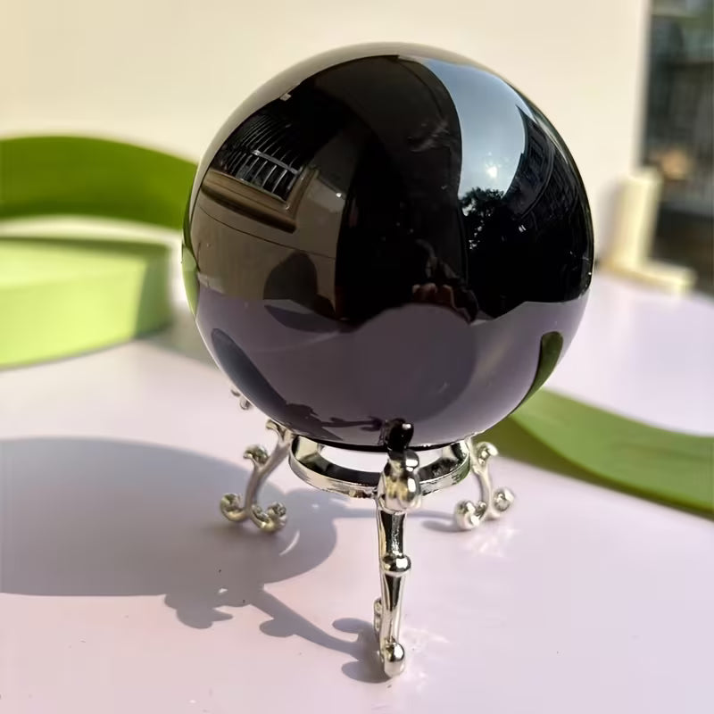 Black Obsidian Crystal Ball with a Silvery Base