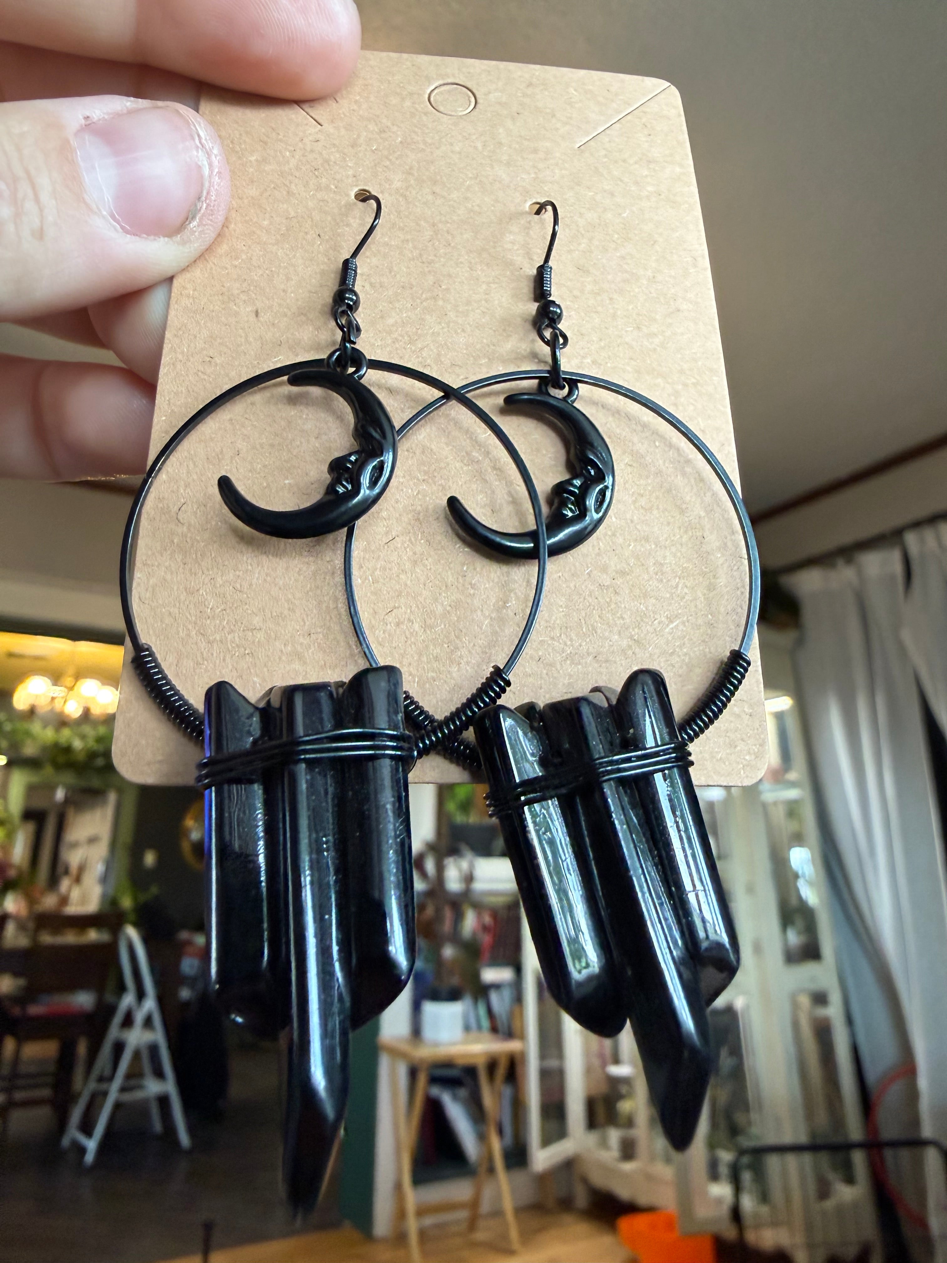 Dangling Black Crystal and Moon Earrings