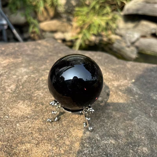Black Obsidian Crystal Ball with a Silvery Base