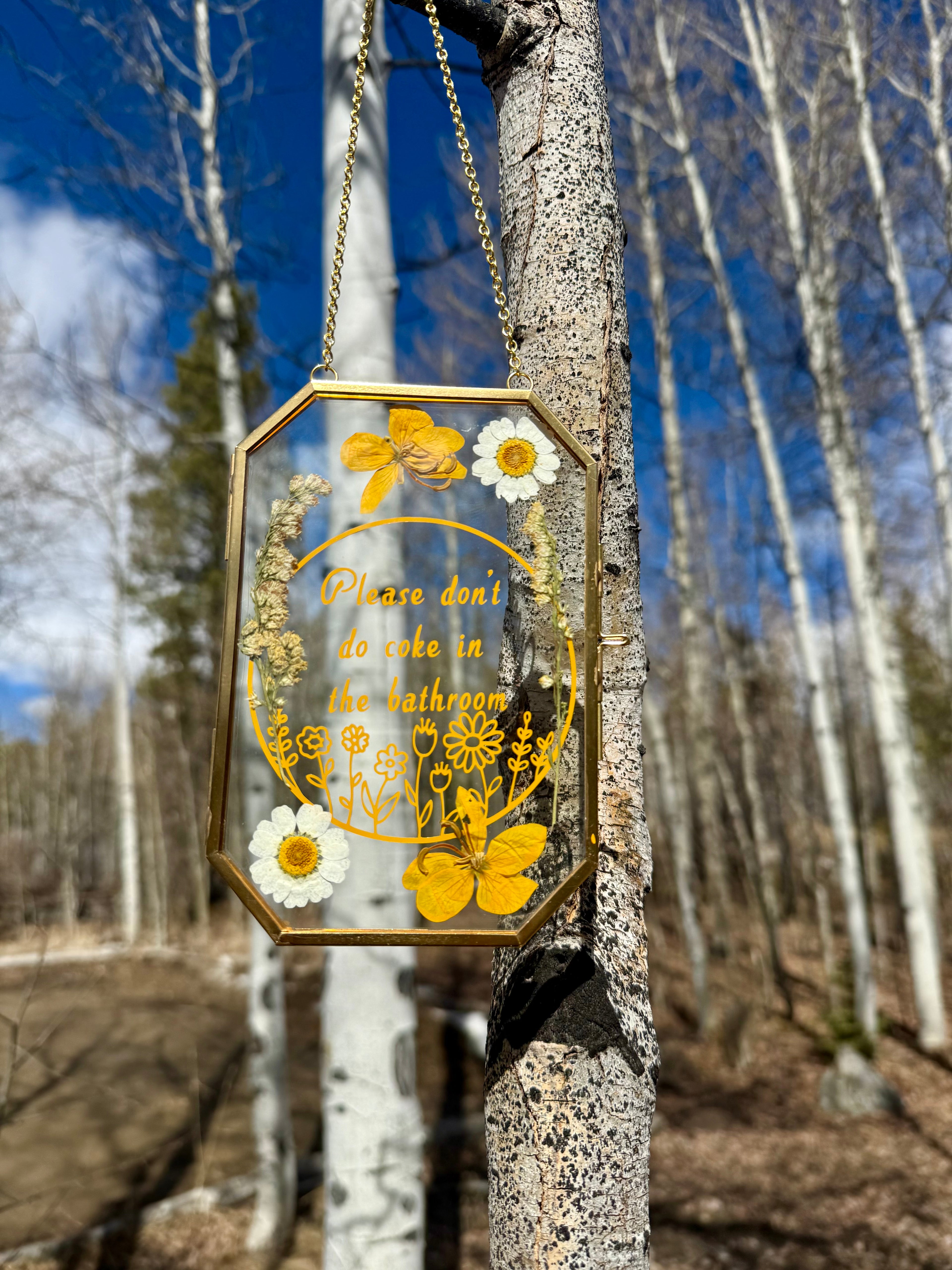 Handmade Pressed Flower Glass Sign | Funny Botanical Bathroom Decor, Cottagecore Humor