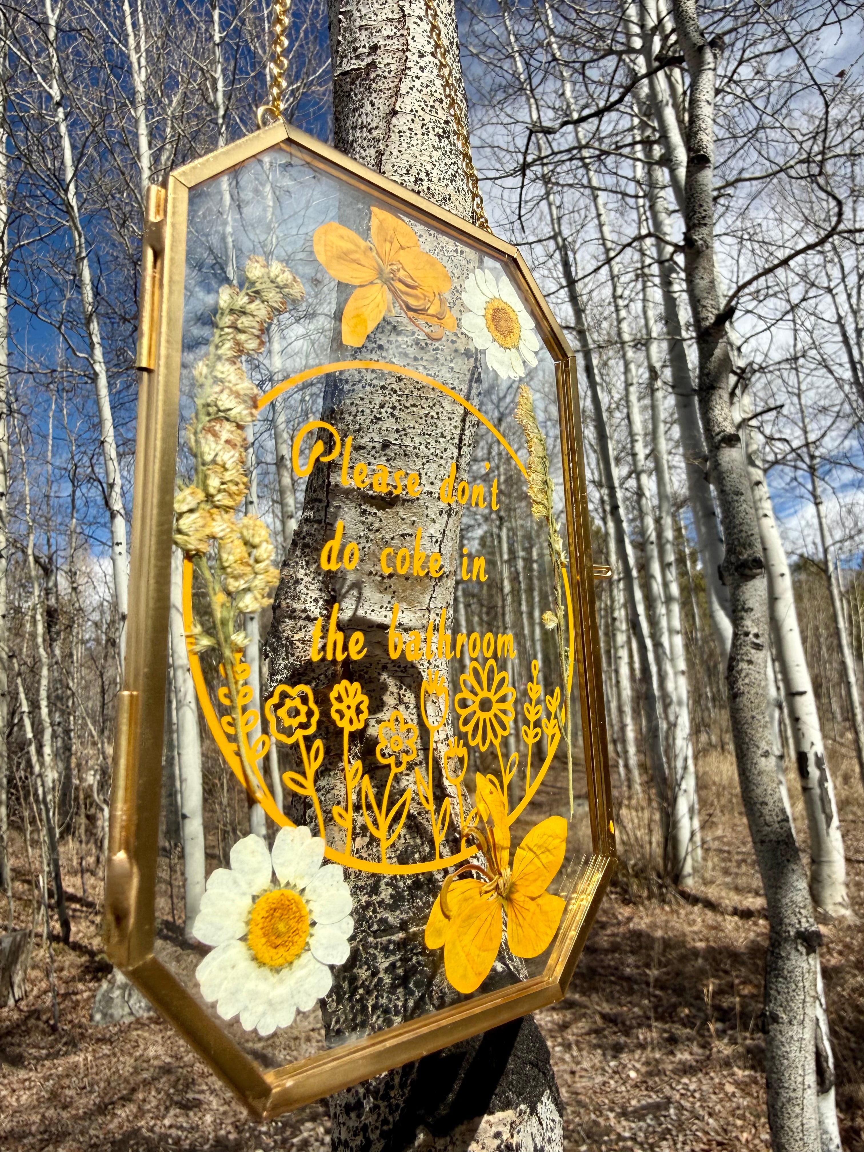 Handmade Pressed Flower Glass Sign | Funny Botanical Bathroom Decor, Cottagecore Humor