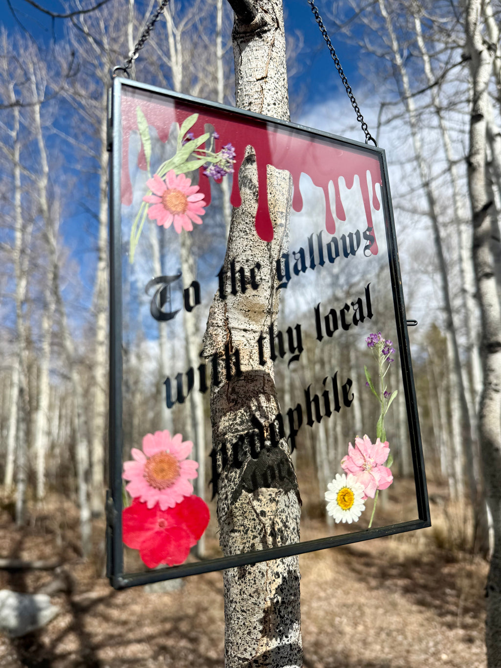 Handmade Pressed Flower Glass Wall Hanging | Gothic Botanical Decor