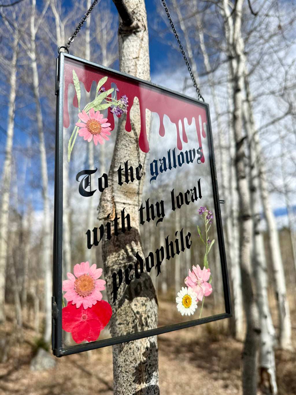 Handmade Pressed Flower Glass Wall Hanging | Gothic Botanical Decor