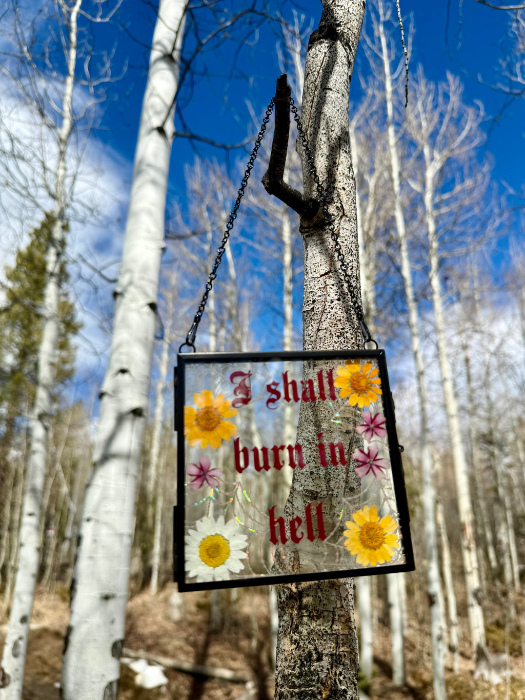 Handmade Pressed Flower Glass Wall Hanging “I Shall Burn in Hell” | Gothic Wall Art | Botanical Decor | Dark Humor Sign