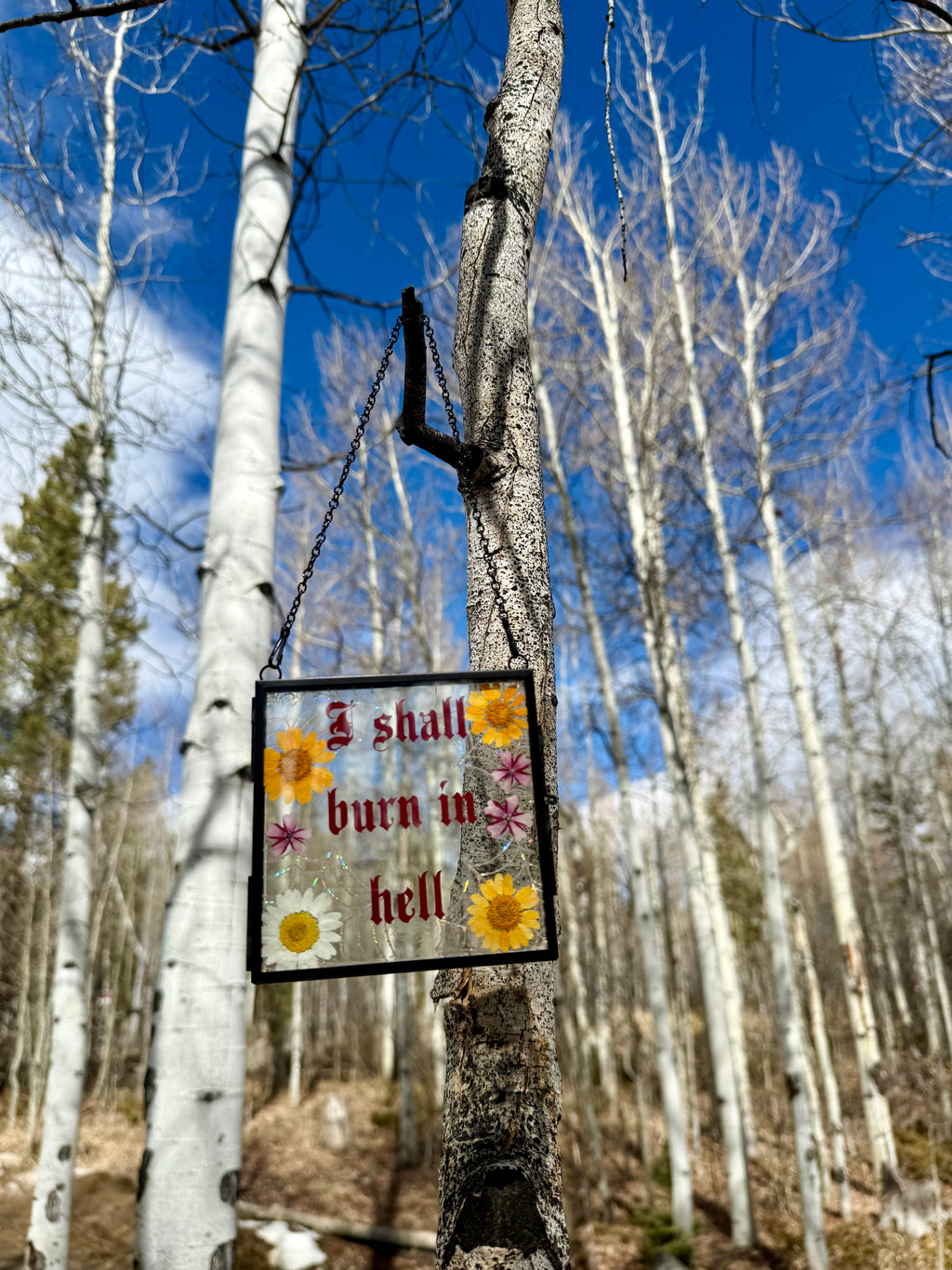 Handmade Pressed Flower Glass Wall Hanging “I Shall Burn in Hell” | Gothic Wall Art | Botanical Decor | Dark Humor Sign