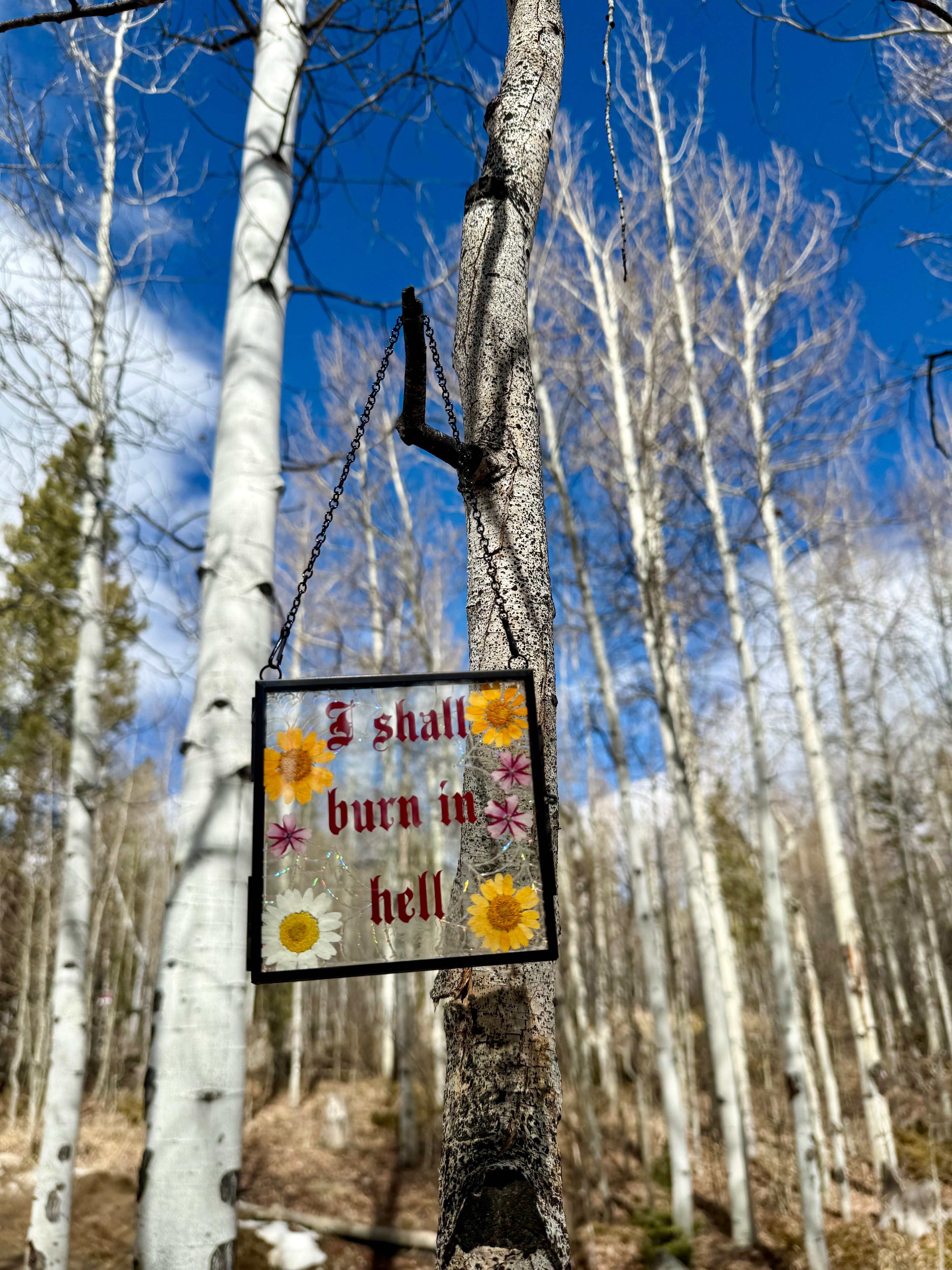 Handmade Pressed Flower Glass Wall Hanging “I Shall Burn in Hell” | Gothic Wall Art | Botanical Decor | Dark Humor Sign