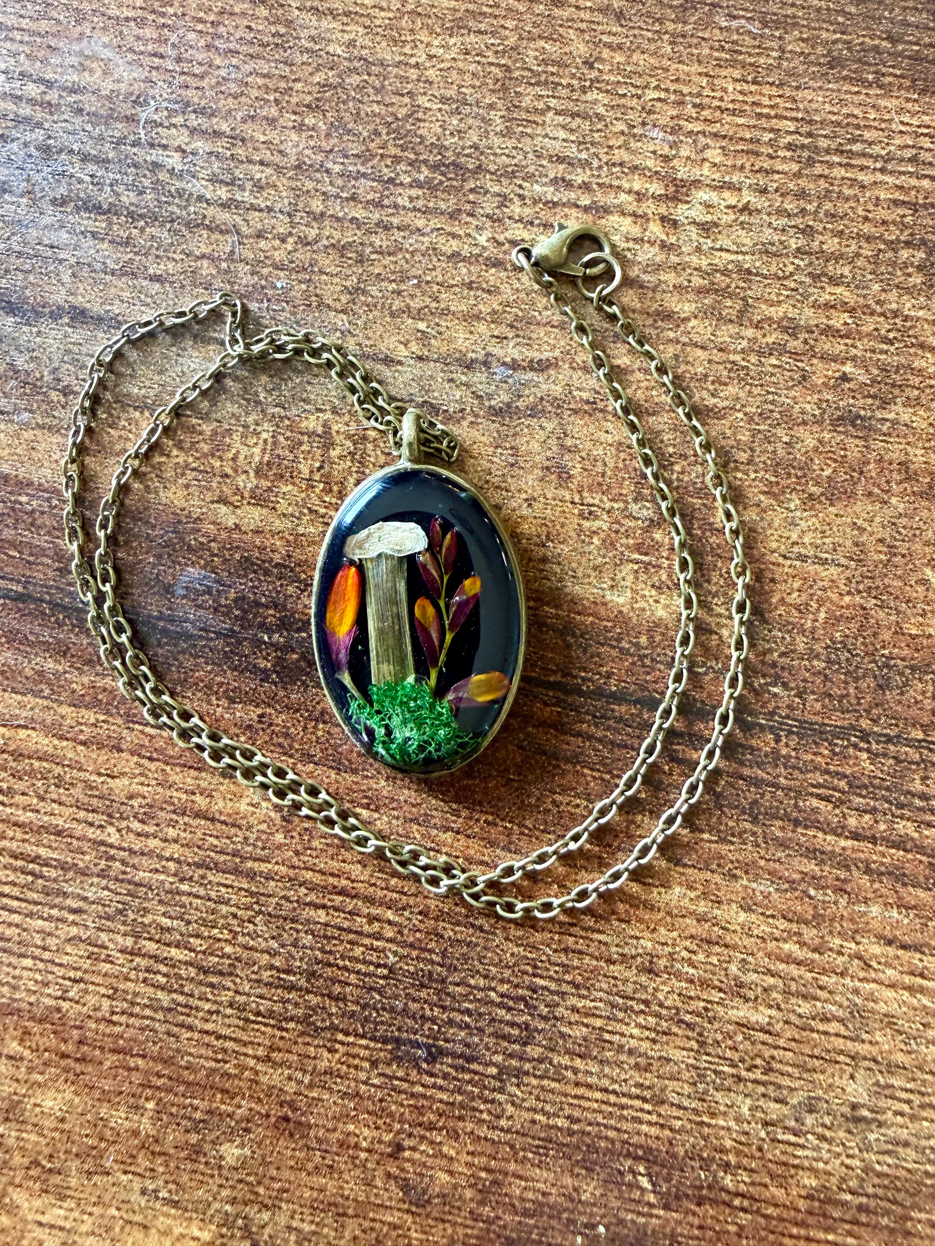 Handmade Resin Pendant with Dried Mushrooms and Flowers | Botanical Nature Necklace
