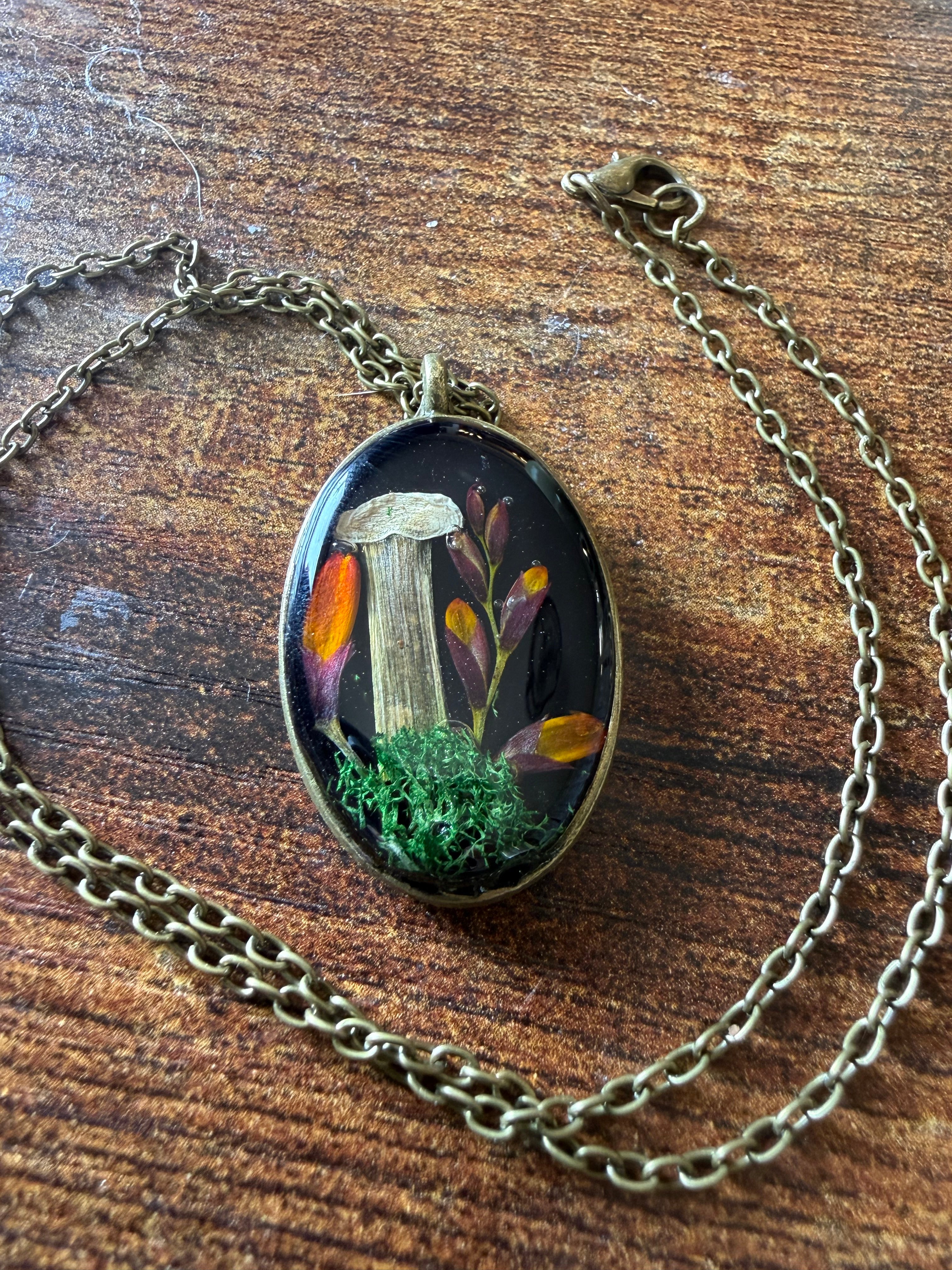 Handmade Resin Pendant with Dried Mushrooms and Flowers | Botanical Nature Necklace