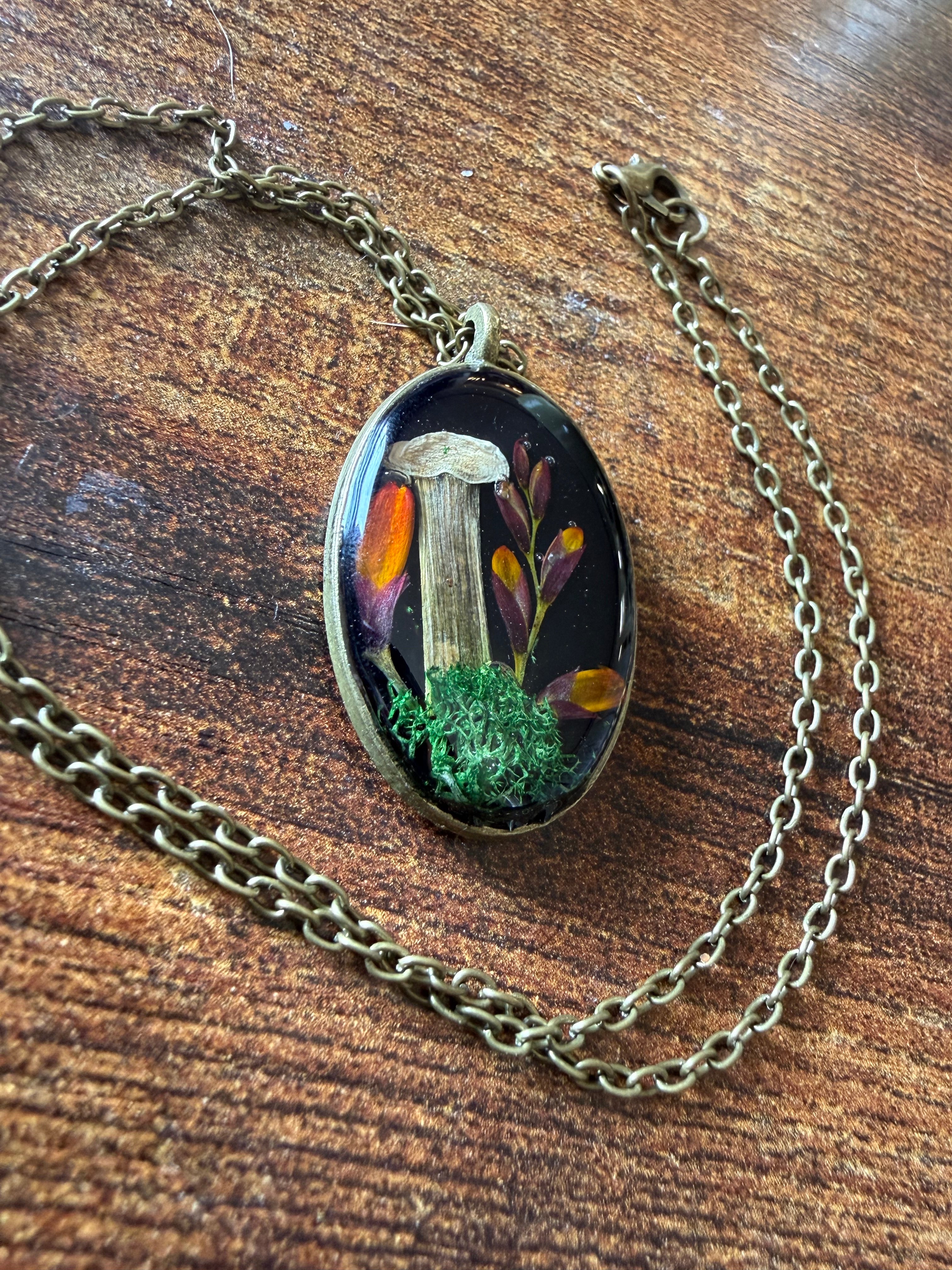 Handmade Resin Pendant with Dried Mushrooms and Flowers | Botanical Nature Necklace