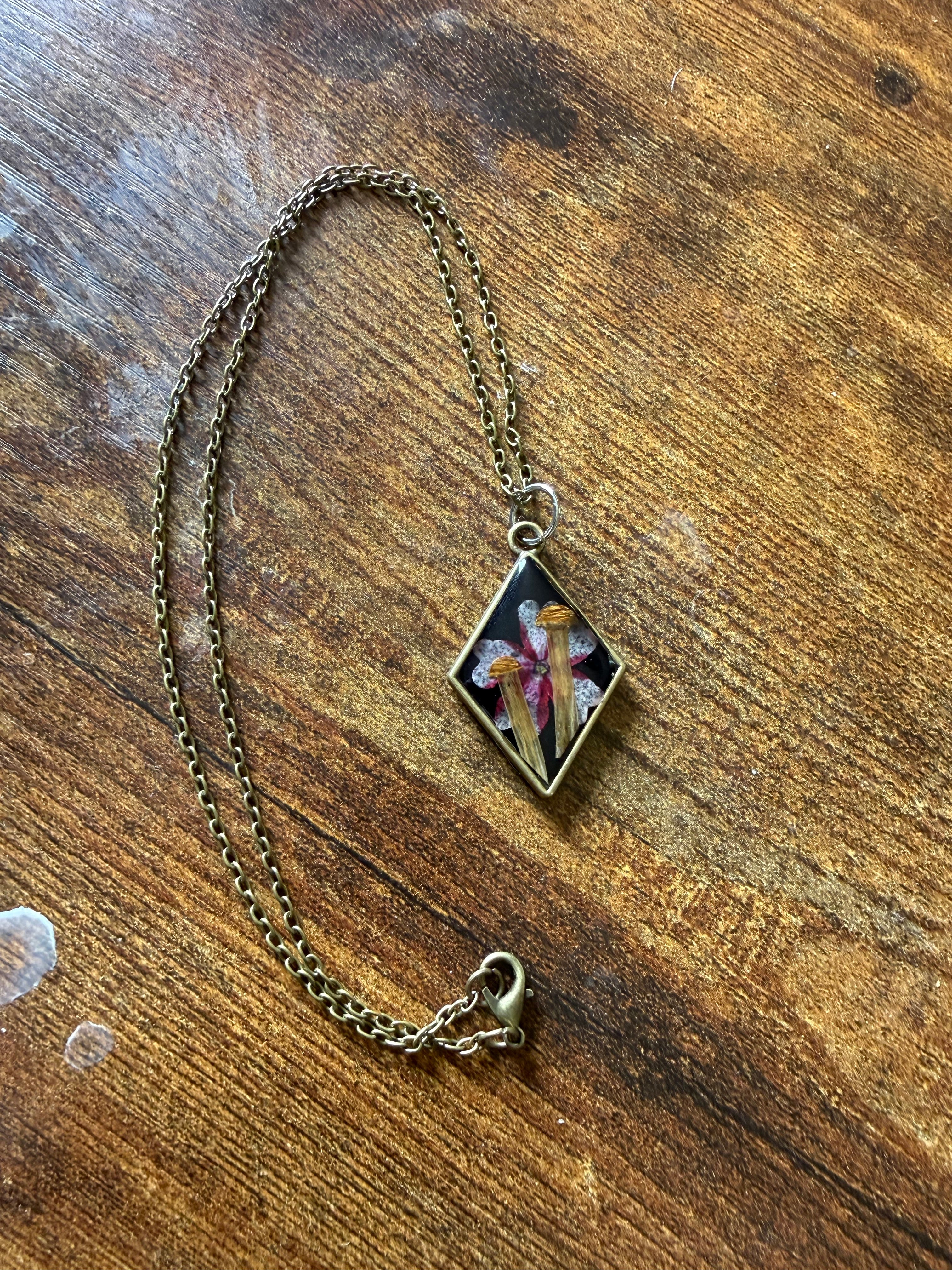 Handmade Resin Necklace with Dried Flowers and Mushrooms | Botanical Forest Pendant