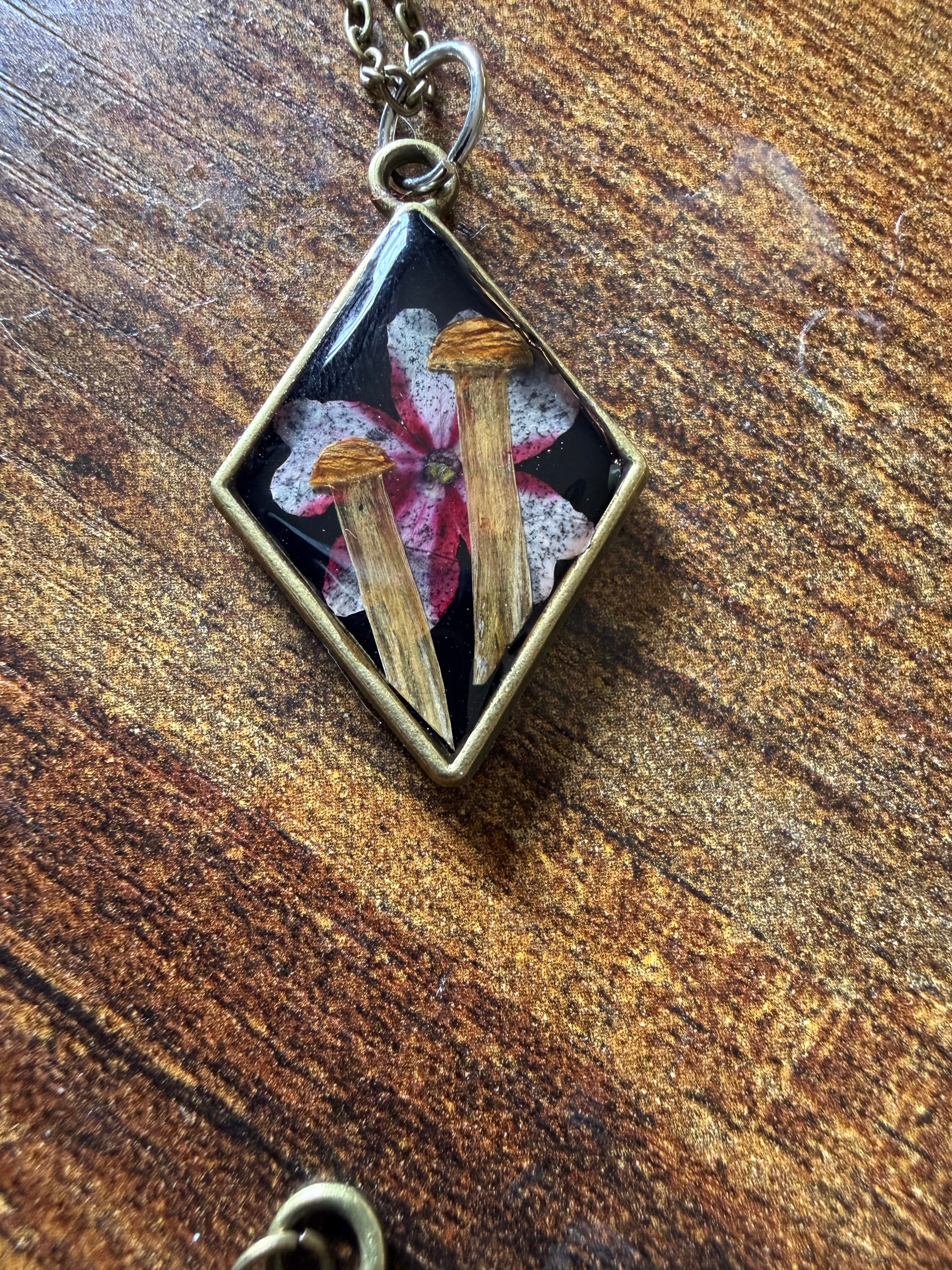 Handmade Resin Necklace with Dried Flowers and Mushrooms | Botanical Forest Pendant