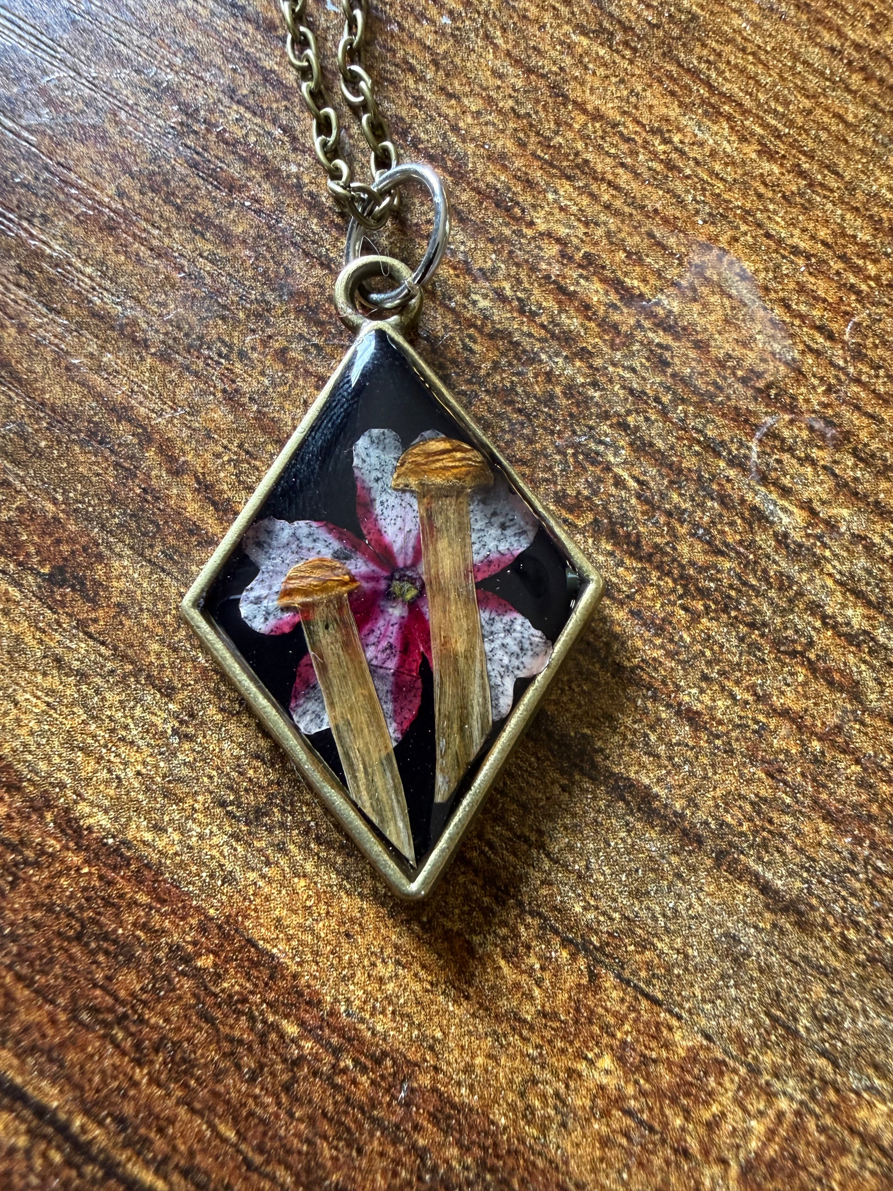 Handmade Resin Necklace with Dried Flowers and Mushrooms | Botanical Forest Pendant