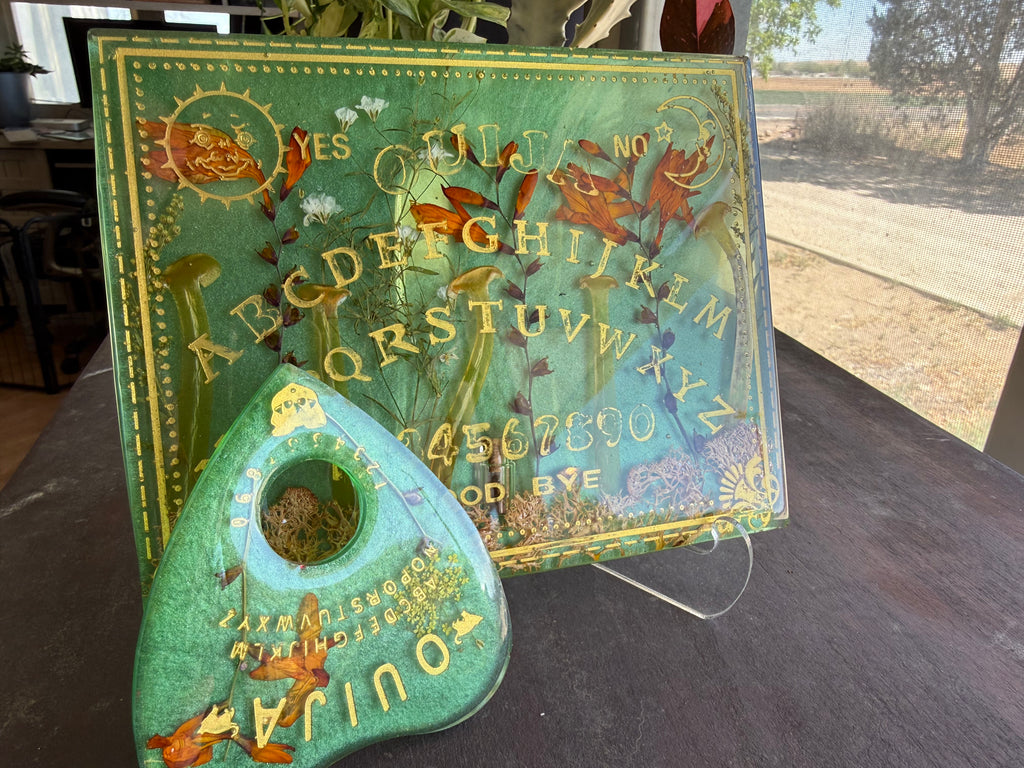 Green Botanical Ouija Board & Planchette Set with Tiger Eye Gemstone Jar