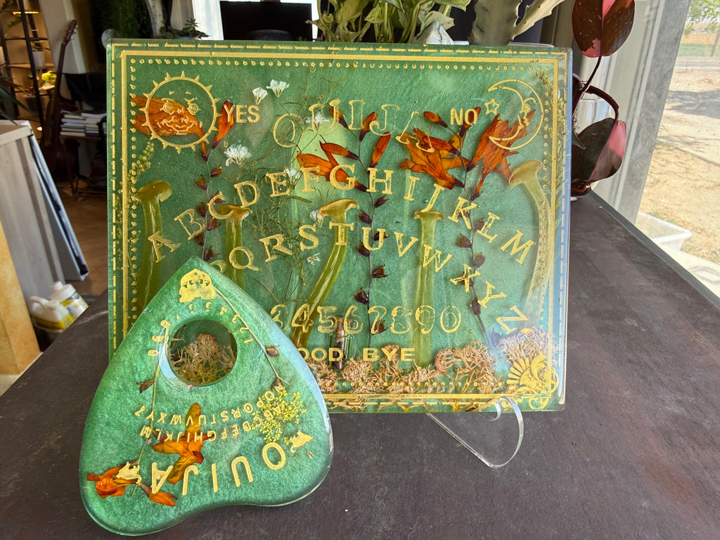 Green Botanical Ouija Board & Planchette Set with Tiger Eye Gemstone Jar