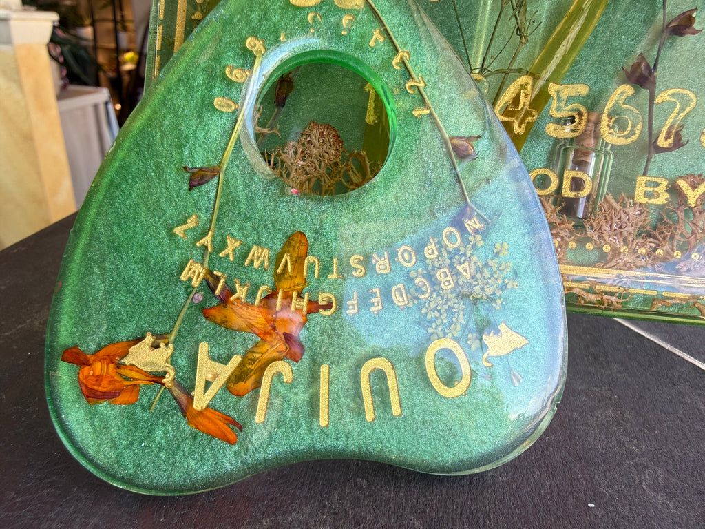 Green Botanical Ouija Board & Planchette Set with Tiger Eye Gemstone Jar