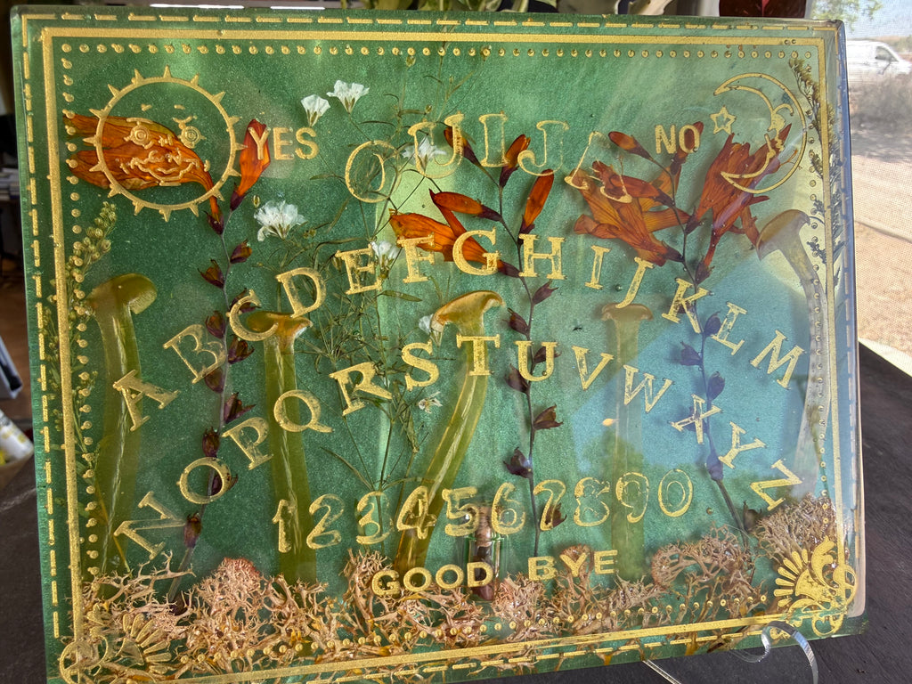 Green Botanical Ouija Board & Planchette Set with Tiger Eye Gemstone Jar