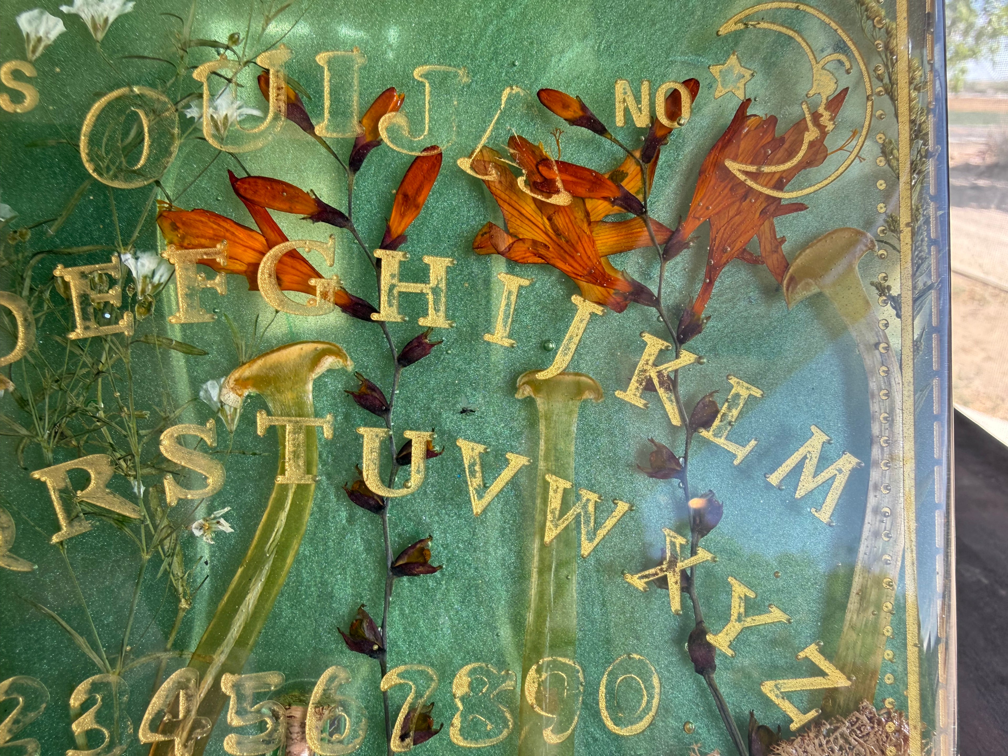 Green Botanical Ouija Board & Planchette Set with Tiger Eye Gemstone Jar
