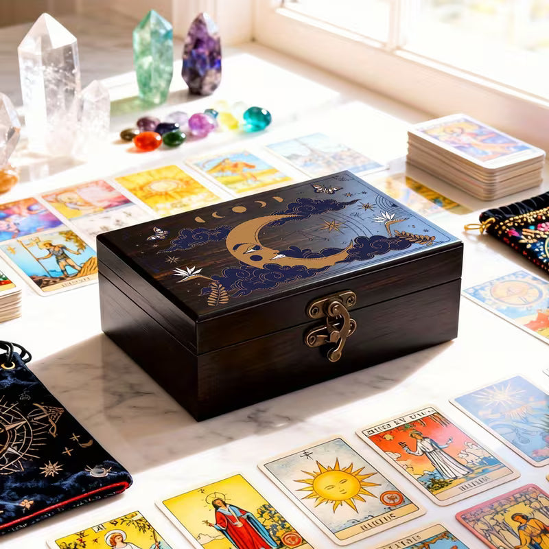 Vintage Moon God Tarot Card Holder Wooden Box