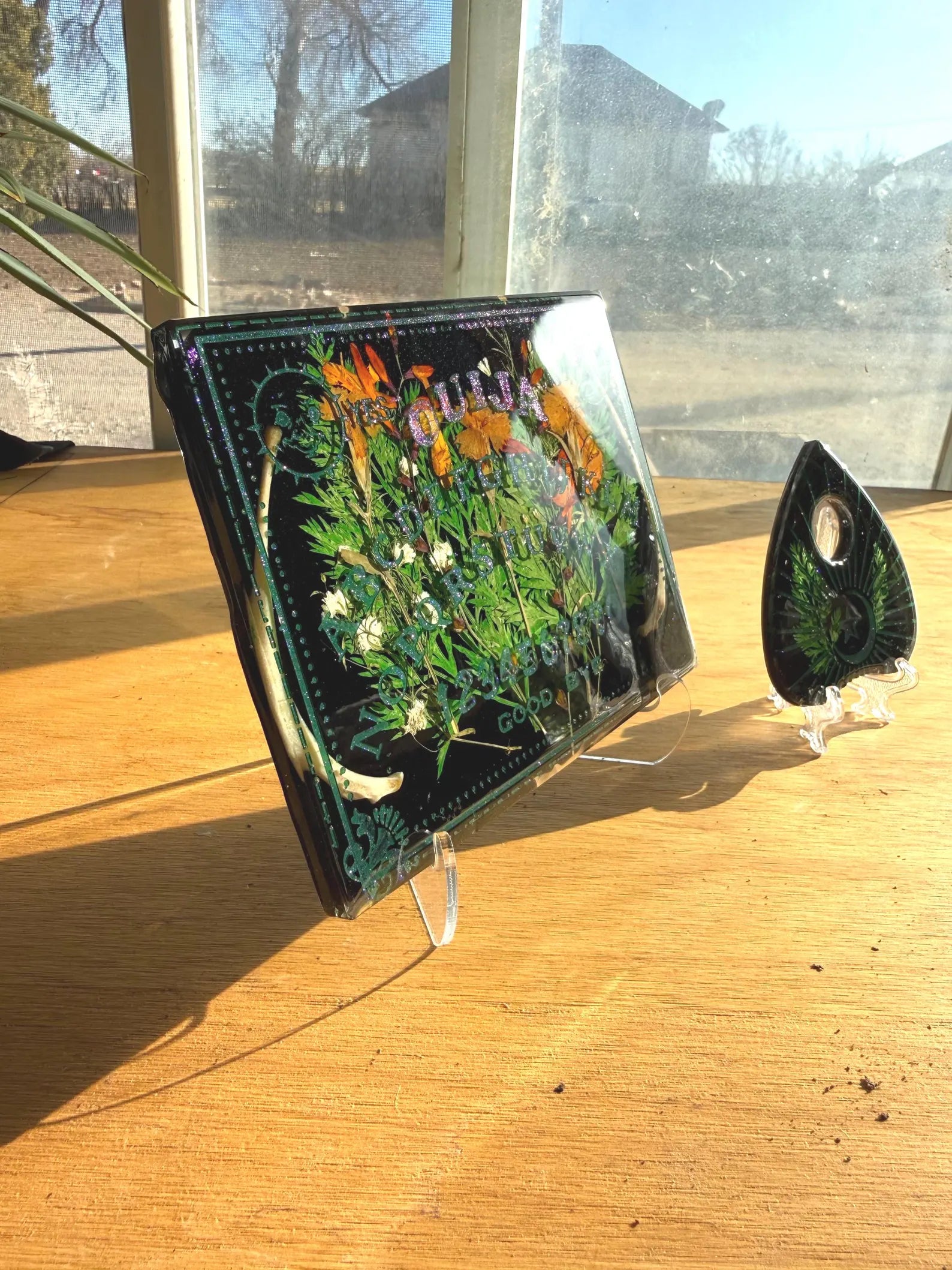 Pressed Flowers & Animal Rib Bone Ouija Board & Planchette Set